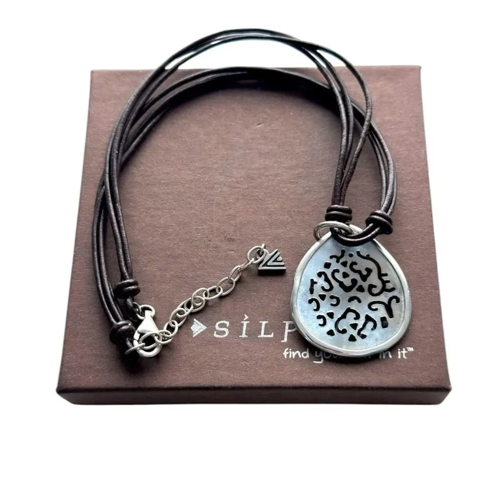 Silpada Lip Shell Teardrop Pendant on a Brown Leather Necklace RETIRED N1446